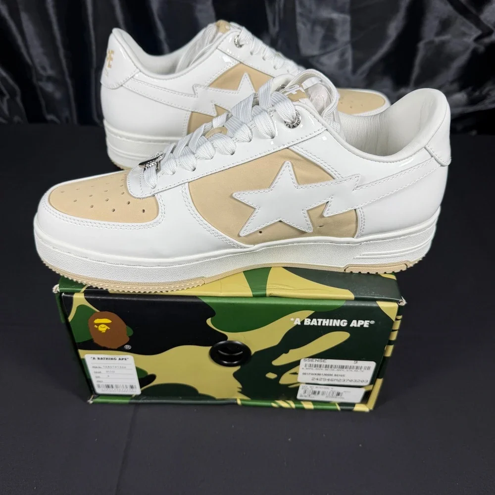 A Bathing Ape BAPE STA Beige White Patent Leather Sneakers 1K80191306 Mens 9 NEW